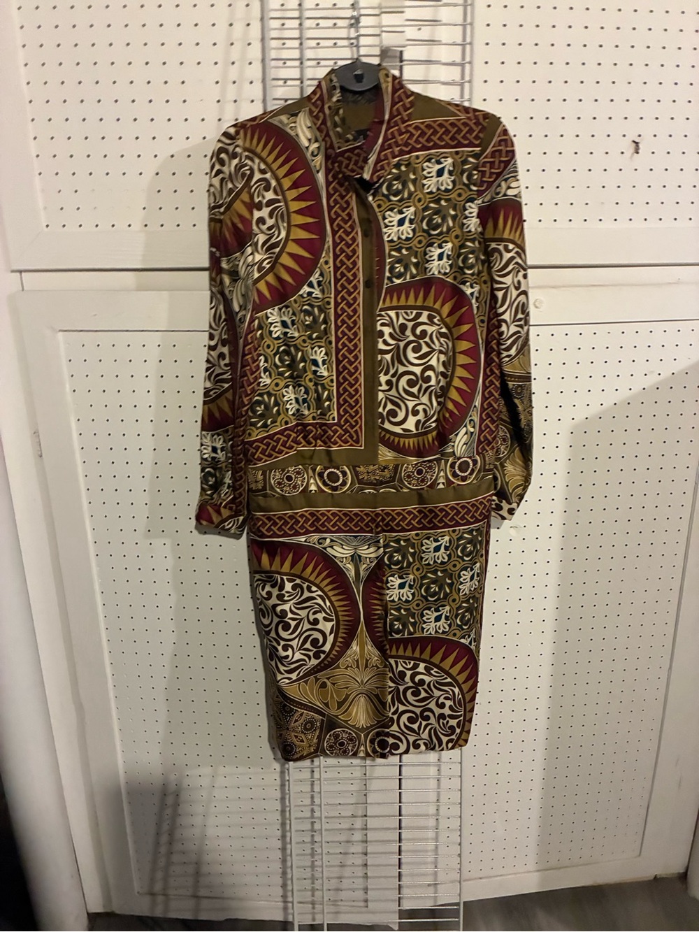Printed Midi Dress in Olive Green and Burgundy